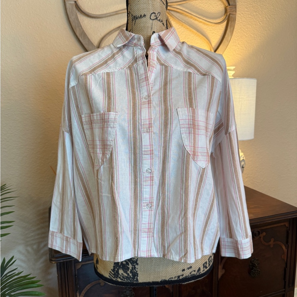New POL Oversized Cream Button Down Shirt with Pink and Tan Strips